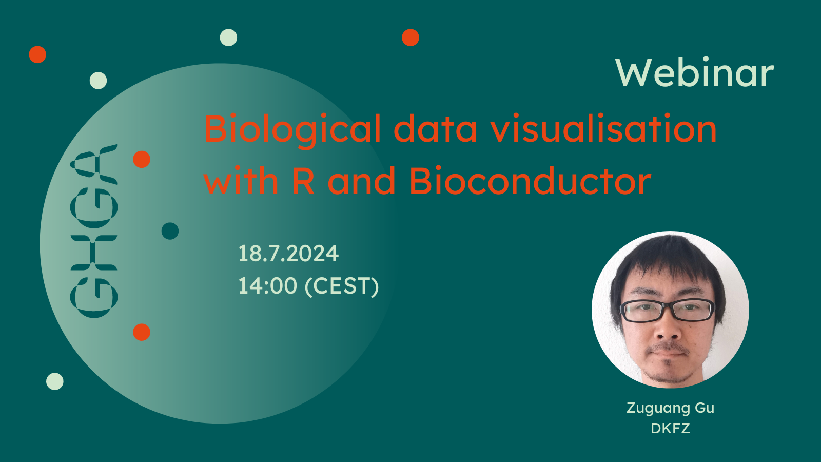 Veranstaltungsgrafik zur Ankündigung des GHGA-Webinars „ Biological data visualization with R and Bioconductor”. Einzelheiten stehen im Text unten.
