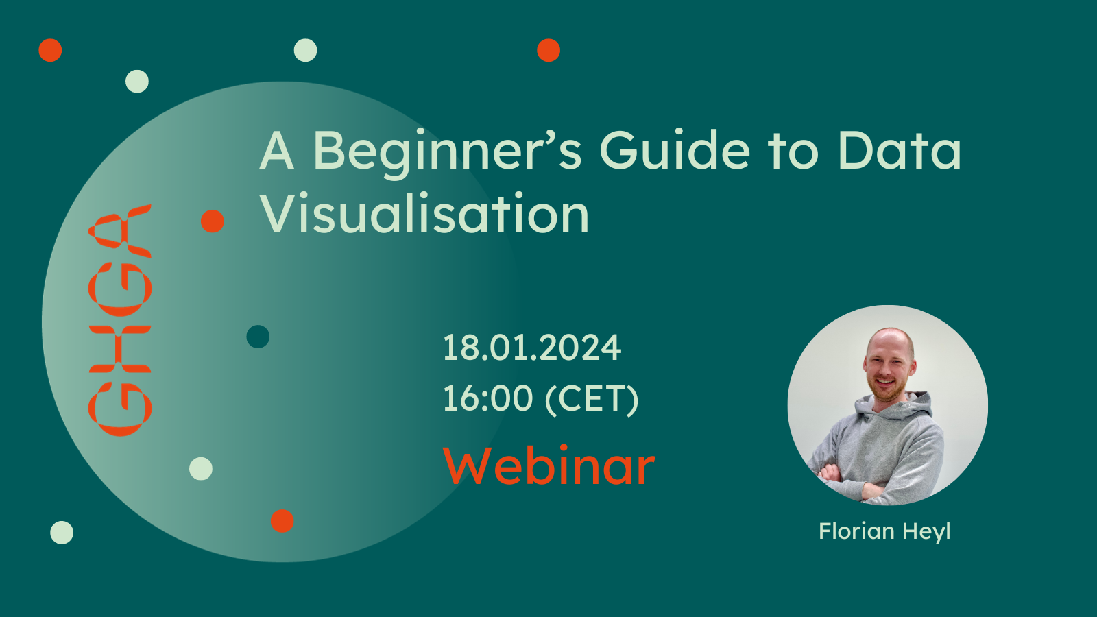 Veranstaltungsgrafik zur Ankündigung des GHGA-Webinars „Beginner’s Guide to Data Visualisation”. Einzelheiten stehen im Text unten.
