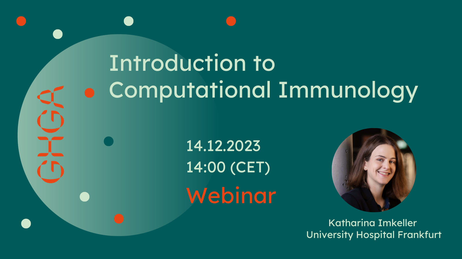 Promotional graphic announcing the GHGA webinar “Introduction to Computational Immunology”. Details in the text below.