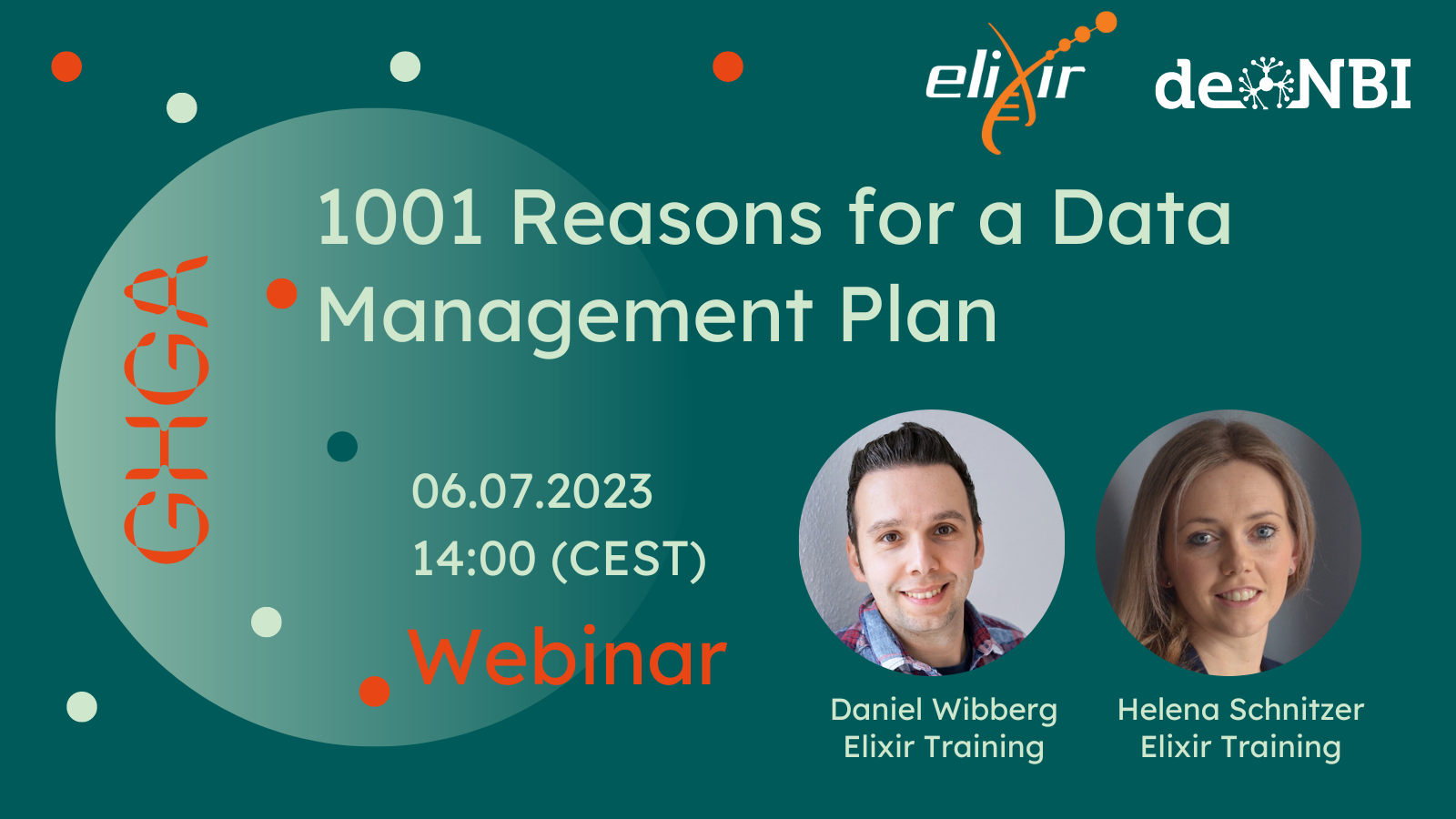 Promotional graphic announcing the GHGA webinar “1001 Reasons for a Data Management Plan” – in collaboration with de.NBI. Details in the text below.