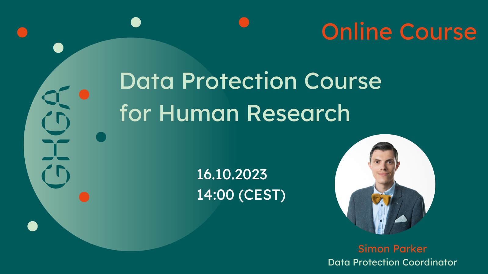 Promotional graphic announcing the GHGA Online Course “Data Protection Course for Human Research”. Details in the text below.