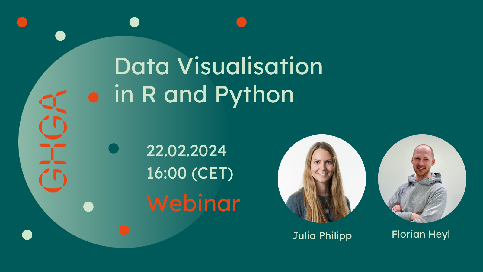 Promotional graphic announcing the GHGA webinar “Data Visualisation in R and Python”. Details in the text below.