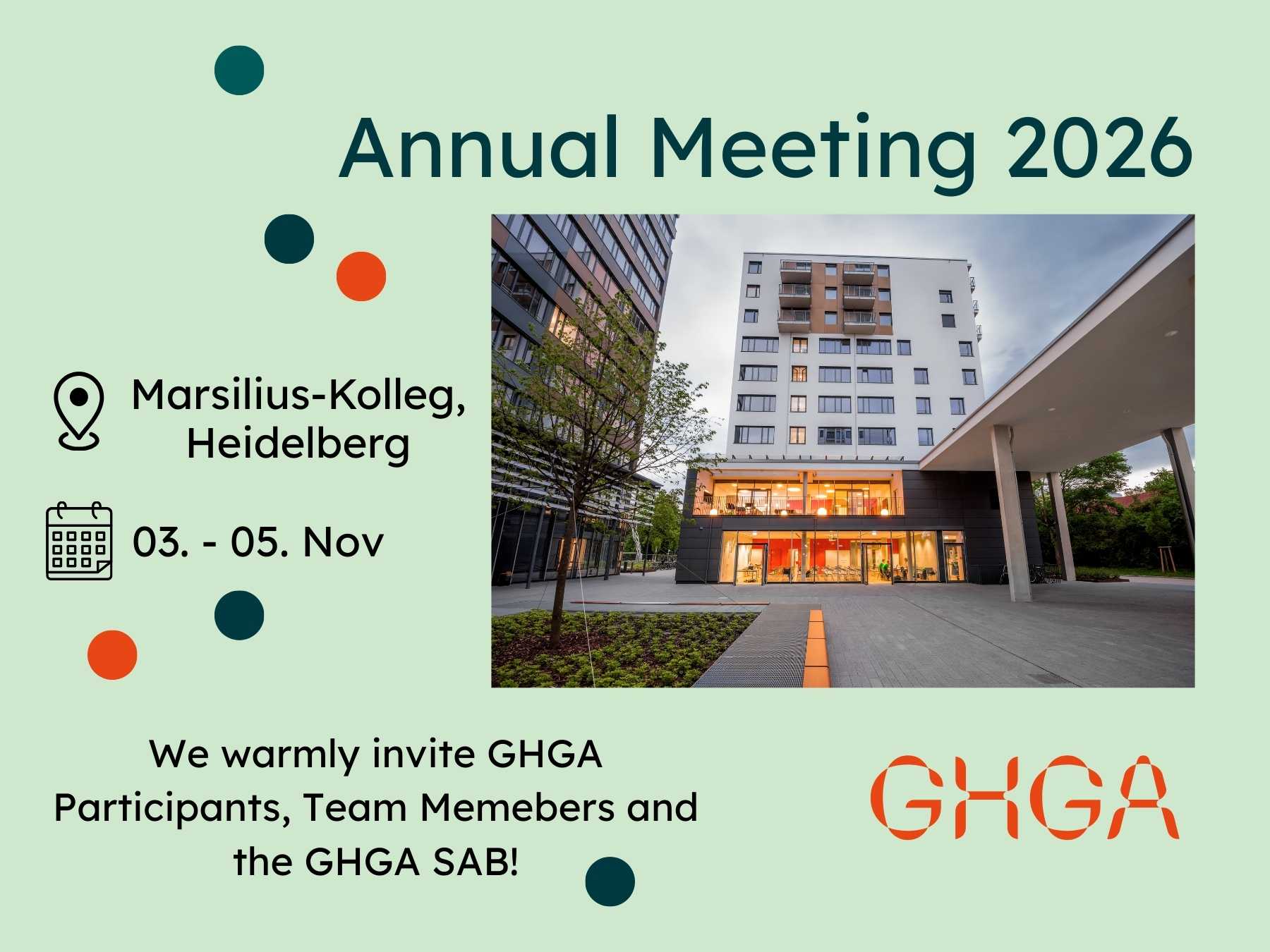 Visual to announce the GHGA Annual meeting in Heidelberg, from November 3rd until 5th. Showing a picture of the venue: the Marsilius-Kolleg.