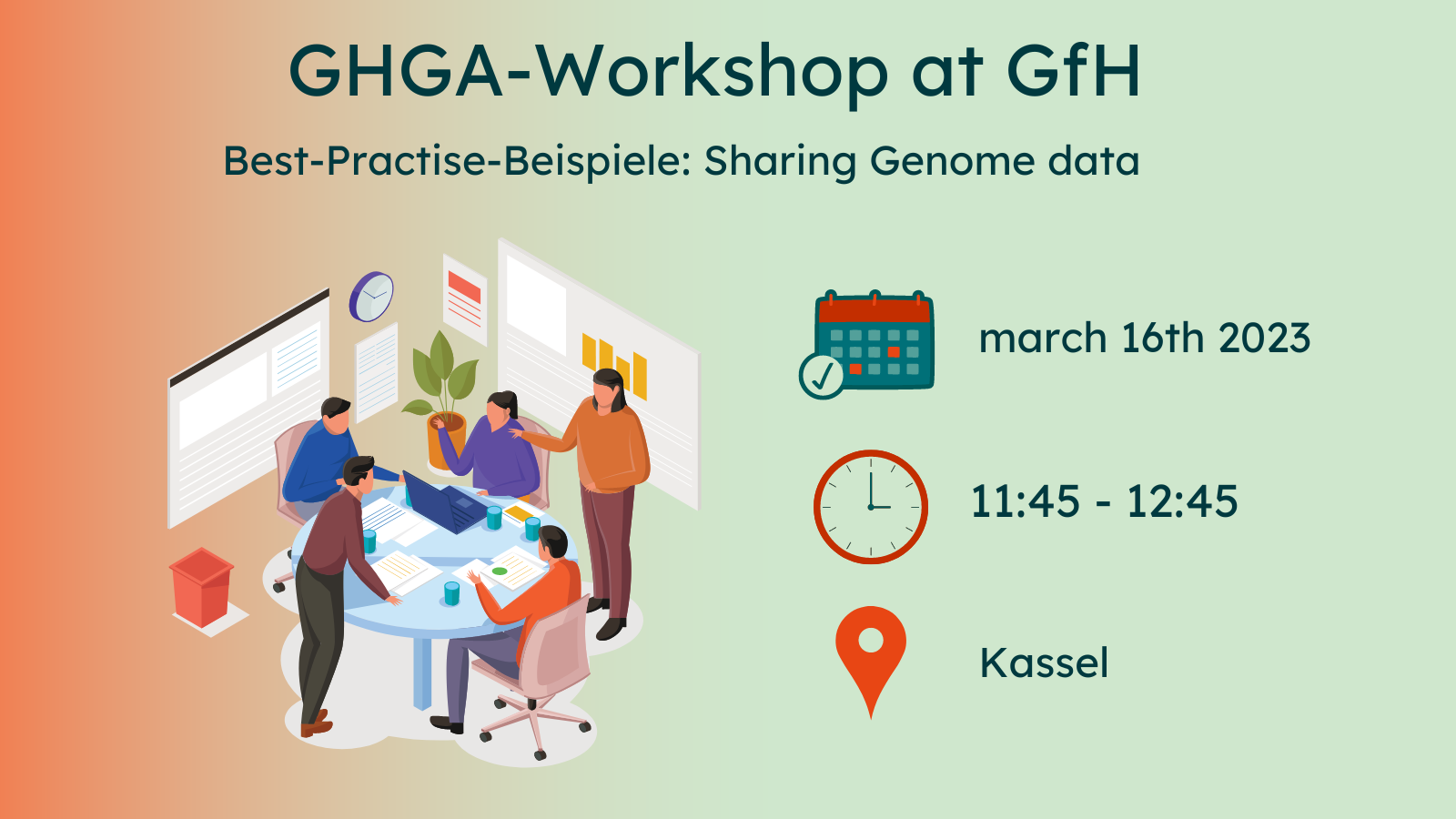 Veranstaltungsgrafik zur Ankündigung des GHGA-Workshops bei der GfH 2021: „Best-Practice-Beispiele: Austausch Genomdaten“.  Einzelheiten stehen im Text unten.