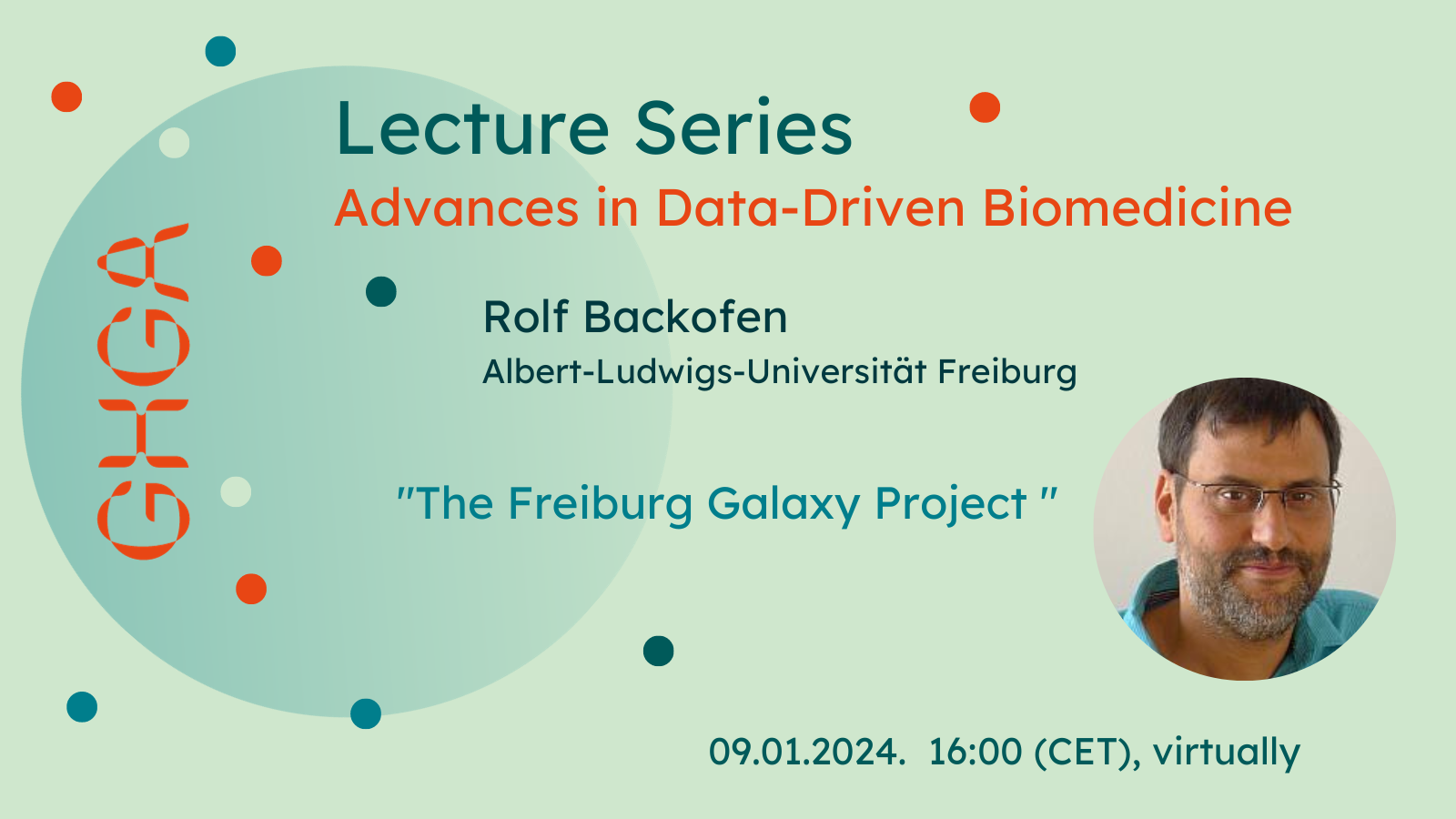 Promotional graphic announcing a lecture by Rolf Backofen as part of the GHGA Lecture Series. Details in the text below.