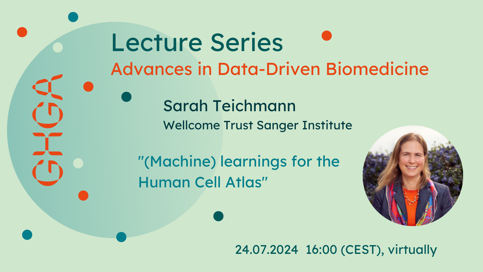 Promotional graphic announcing a lecture by Sarah Teichmann as part of the GHGA Lecture Series. Details in the text below.