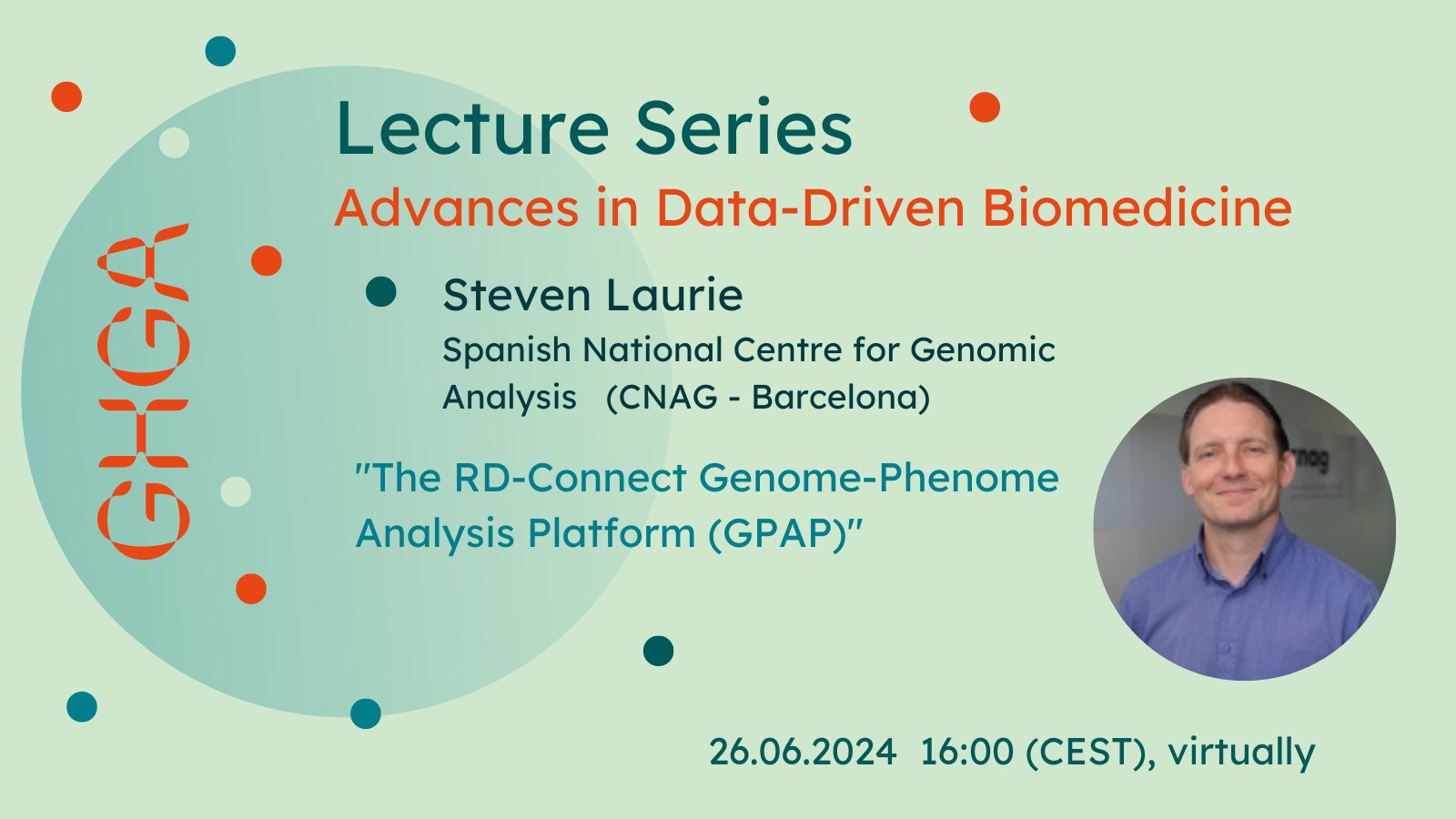 Promotional graphic announcing a lecture by Steven Laurie as part of the GHGA Lecture Series. Details in the text below.
