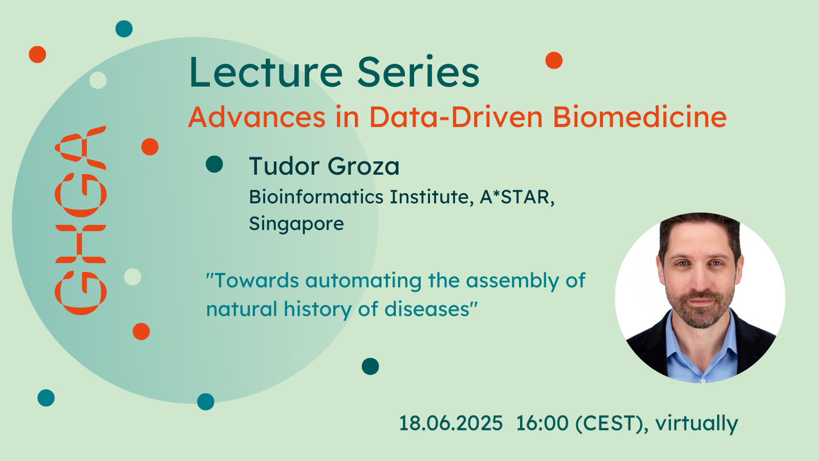 Promotional graphic announcing a lecture by Tudor Groza as part of the GHGA Lecture Series. Details in the text below.