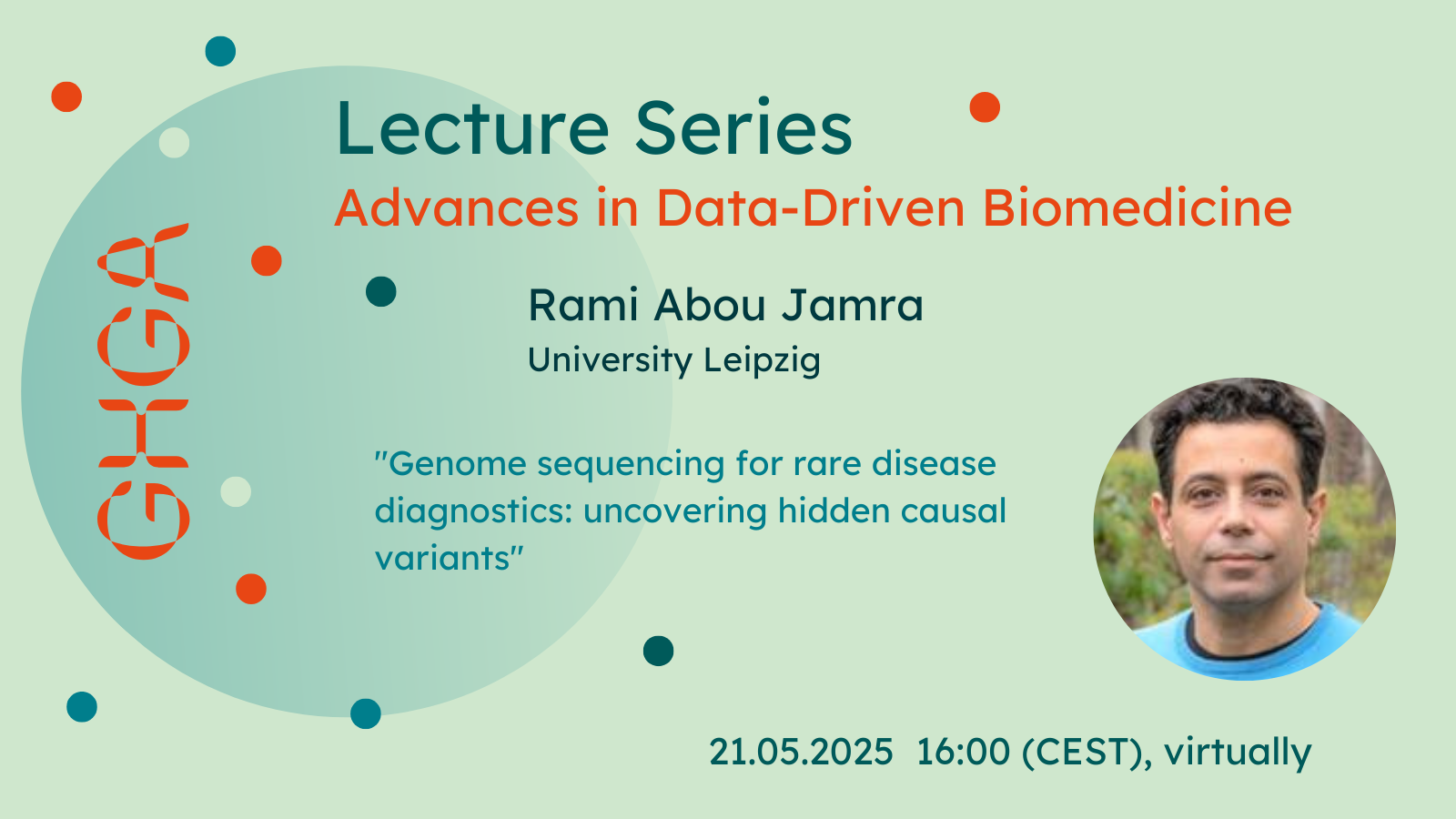 Promotional graphic announcing a lecture by Rami Abou Jamra as part of the GHGA Lecture Series. Details in the text below.
