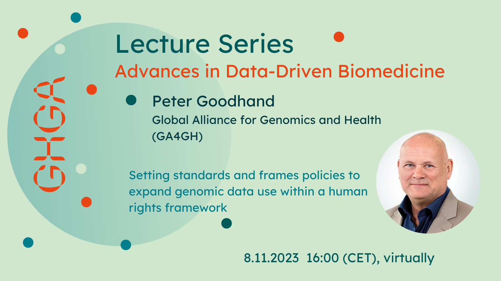 Promotional graphic announcing a lecture by Peter Goodhand as part of the GHGA Lecture Series. Details in the text below.