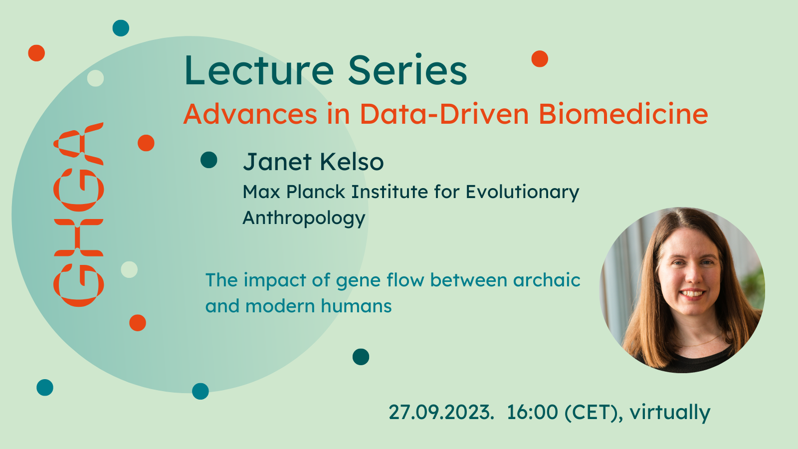 Promotional graphic announcing a lecture by Janet Kelso as part of the GHGA Lecture Series. Details in the text below.