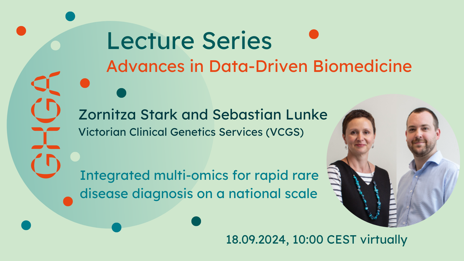 Promotional graphic announcing a lecture by Zornitza Stark and Sebastian Lunke as part of the GHGA Lecture Series. Details in the text below.