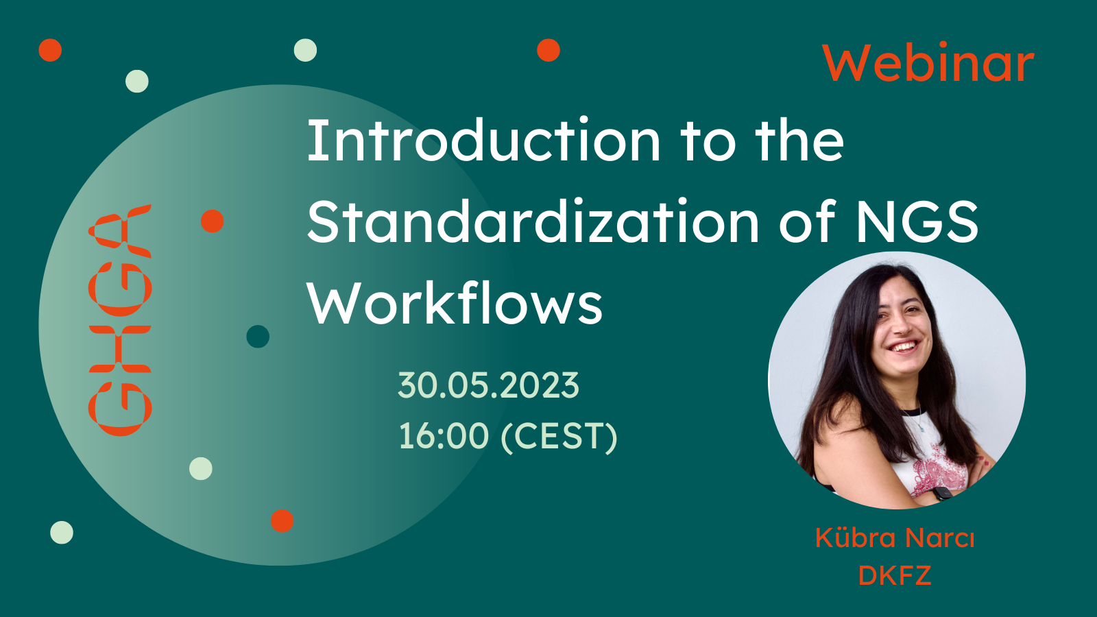 Veranstaltungsgrafik zur Ankündigung des GHGA-Webinars „Introduction to the Standardization of NGS Workflows”. Einzelheiten stehen im Text unten.