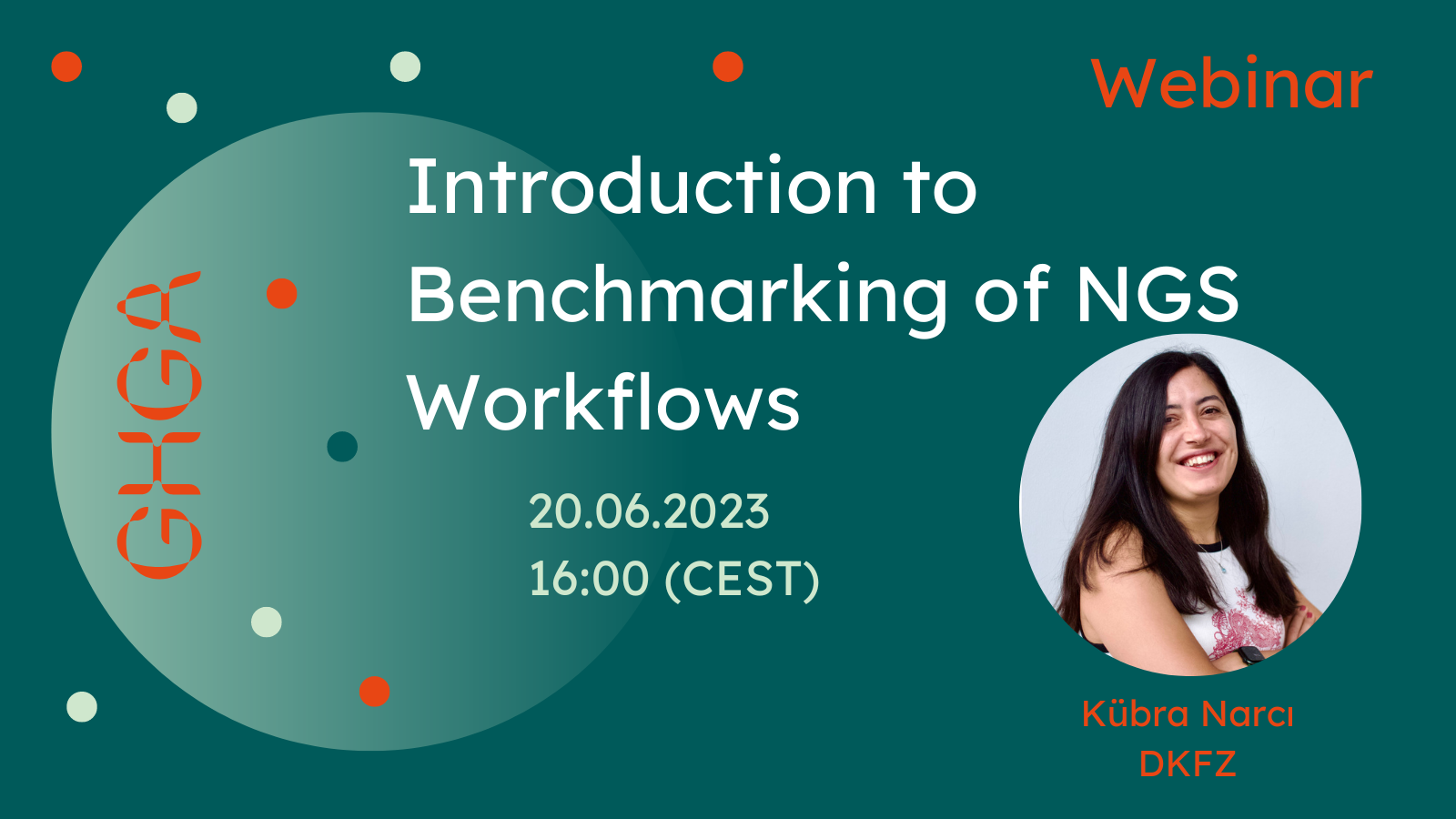 Promotional graphic announcing the GHGA webinar “Introduction to Benchmarking of NGS Workflows”. Details in the text below.
