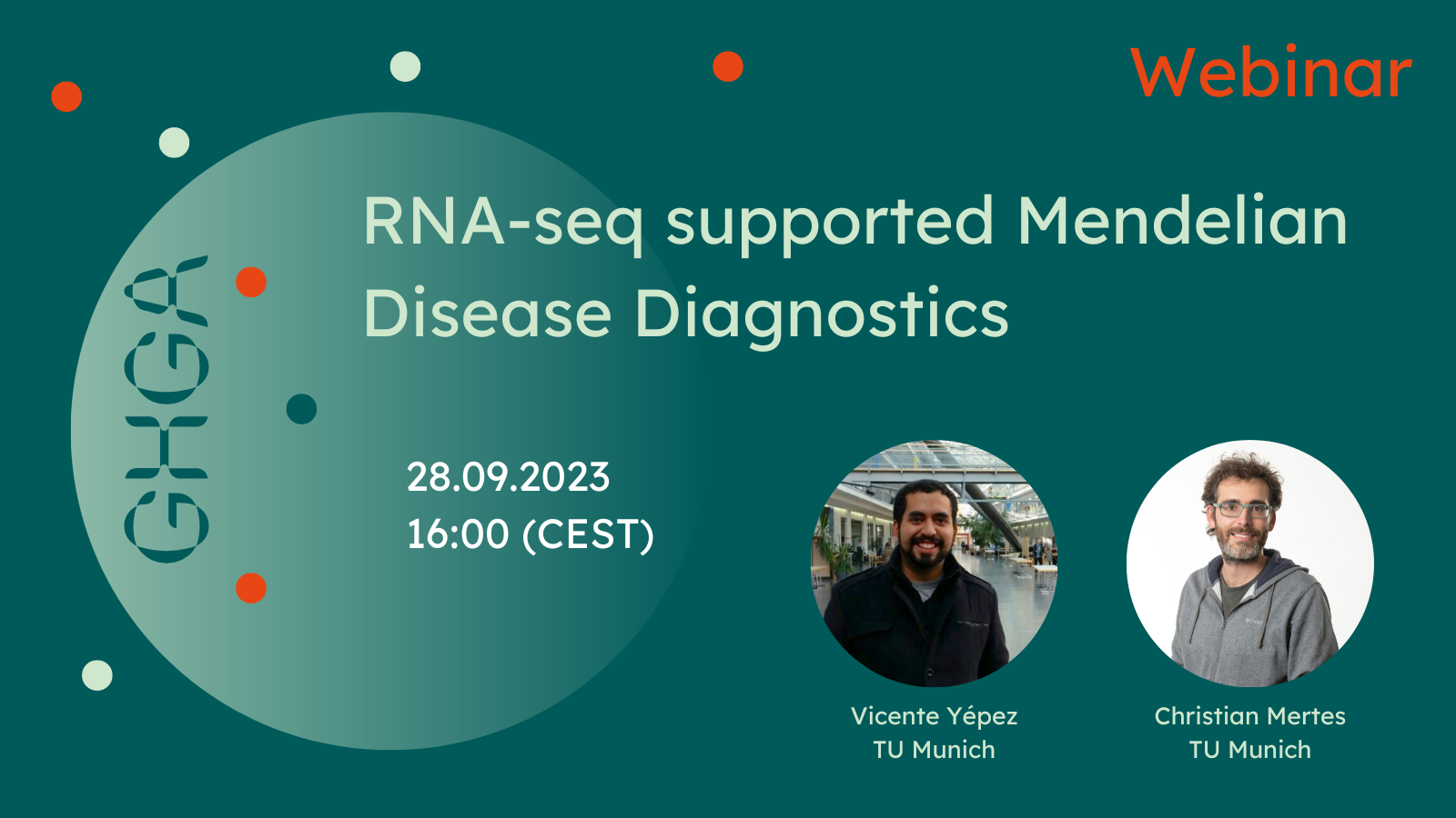 Promotional graphic announcing the GHGA webinar “RNA-seq supported Mendelian Disease Diganostics”. Details in the text below.