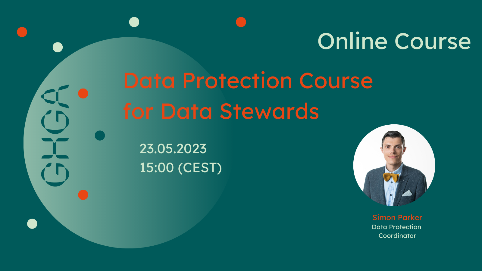 Veranstaltungsgrafik zur Ankündigung des GHGA-Onlinekurses „Data Protection Course for Data Stewards”. Einzelheiten stehen im Text unten.