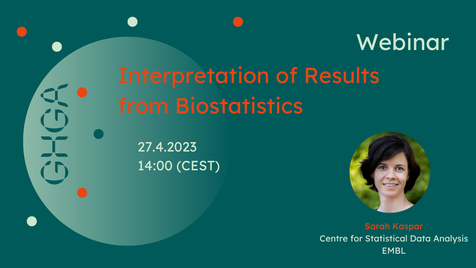 Promotional graphic announcing the GHGA webinar “Interpretation of Results from Biostatistics”. Details in the text below.