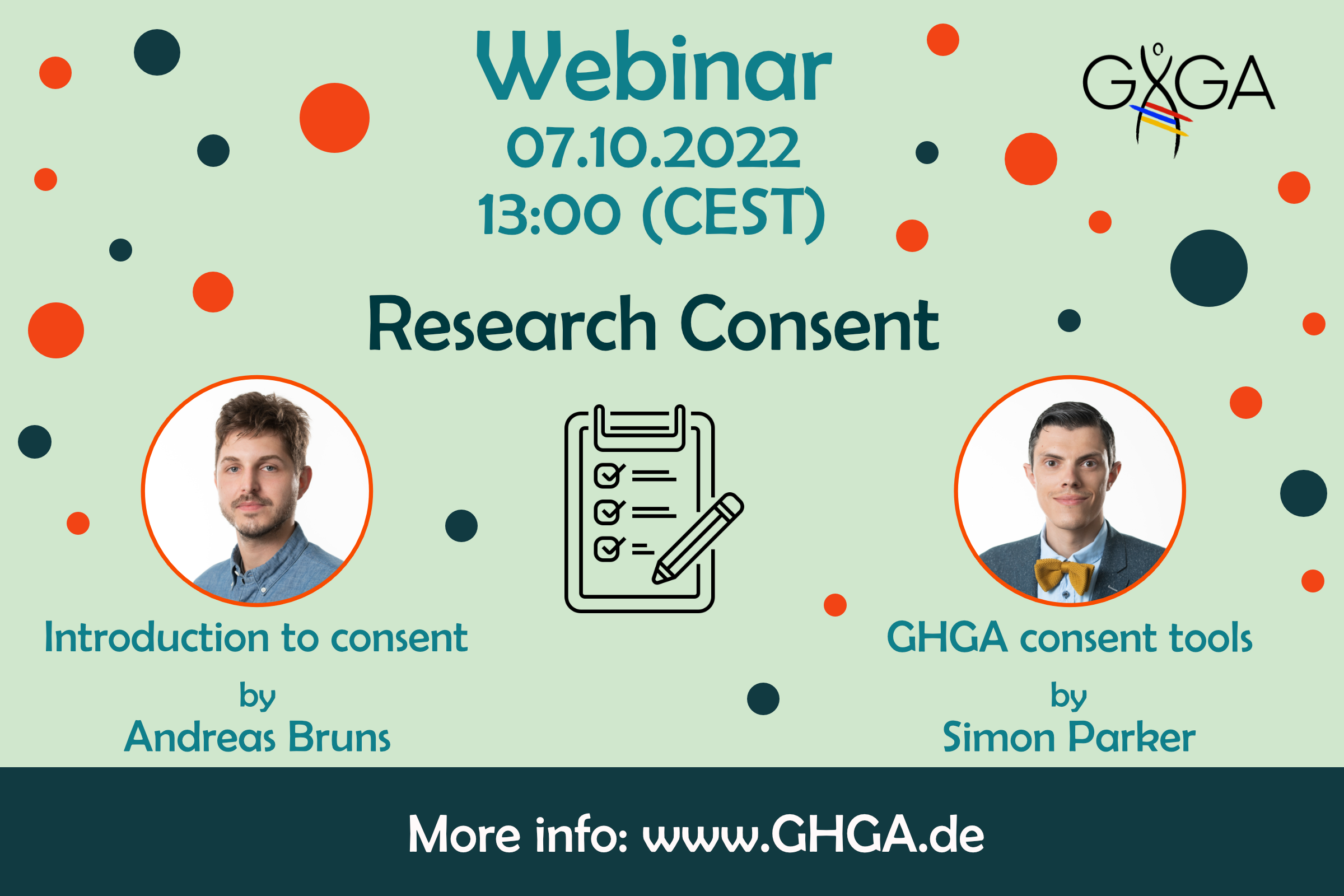 Veranstaltungsgrafik zur Ankündigung des GHGA-Webinars „Research Consent ”. Einzelheiten stehen im Text unten.