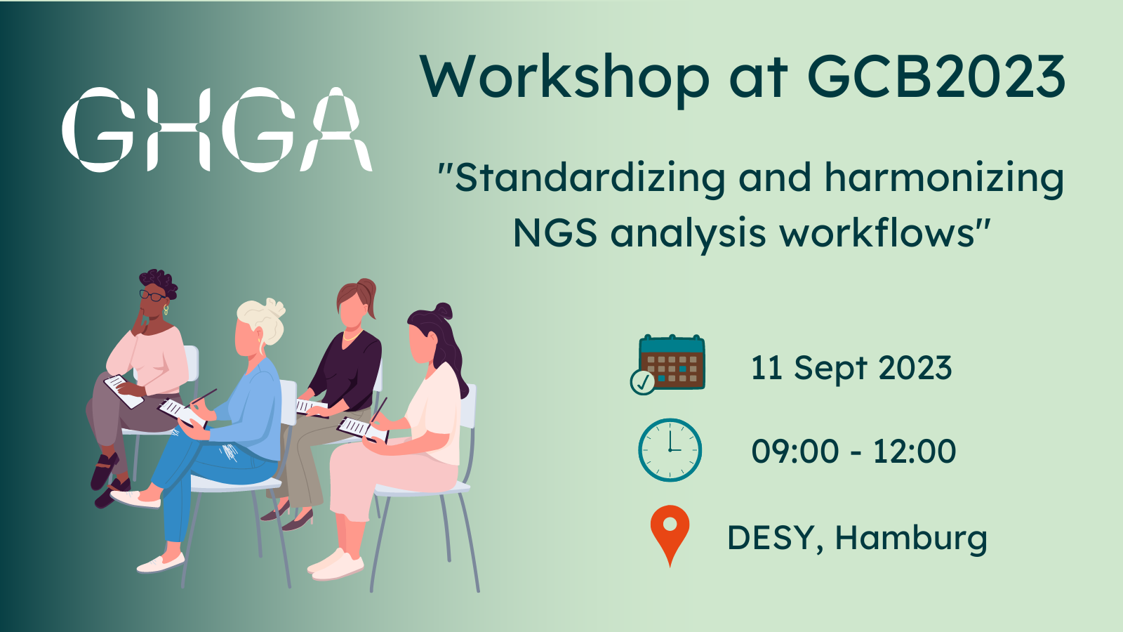 Promotional graphic announcing the GHGA workshop at GCB 2023: “Standardizing and harmonizing NGS analysis workflows”. Details in the text below.