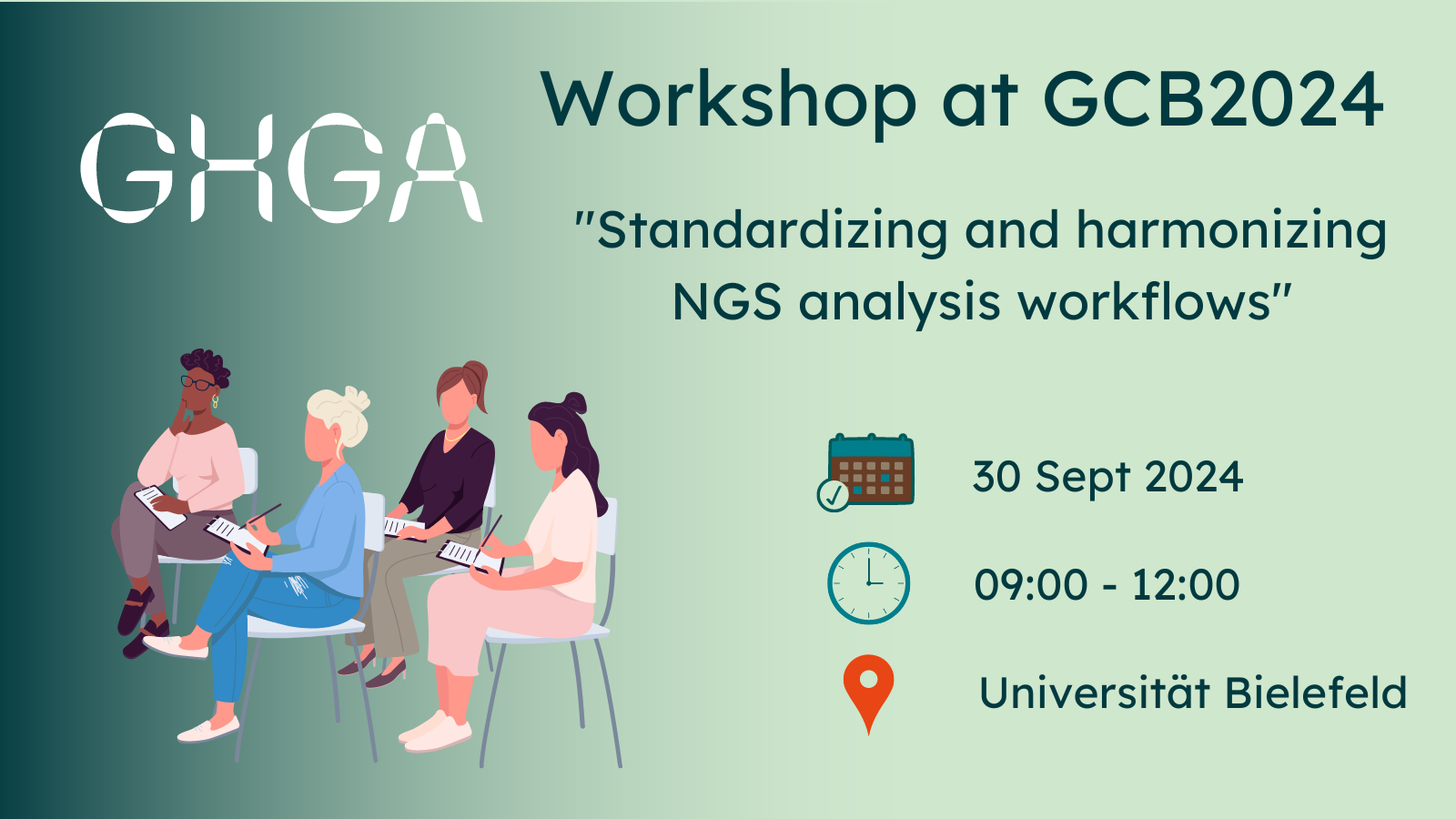 Promotional graphic announcing the GHGA workshop at GCB 2024: “Standardizing and harmonizing NGS analysis workflows”. Details in the text below.