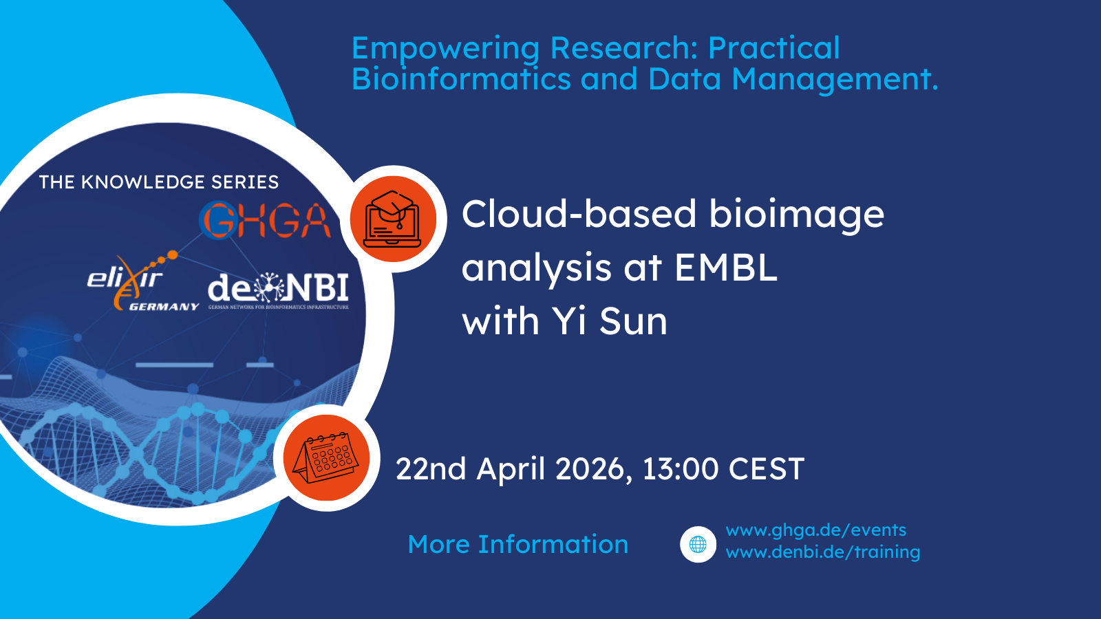 Event poster for 'Cloud-based bioimage analysis at EMBL' with Yin Sun. Scheduled for 22nd April 2026 at 13:00 CEST. Organized by GHGA, ELIXIR Germany, and de.NBI.