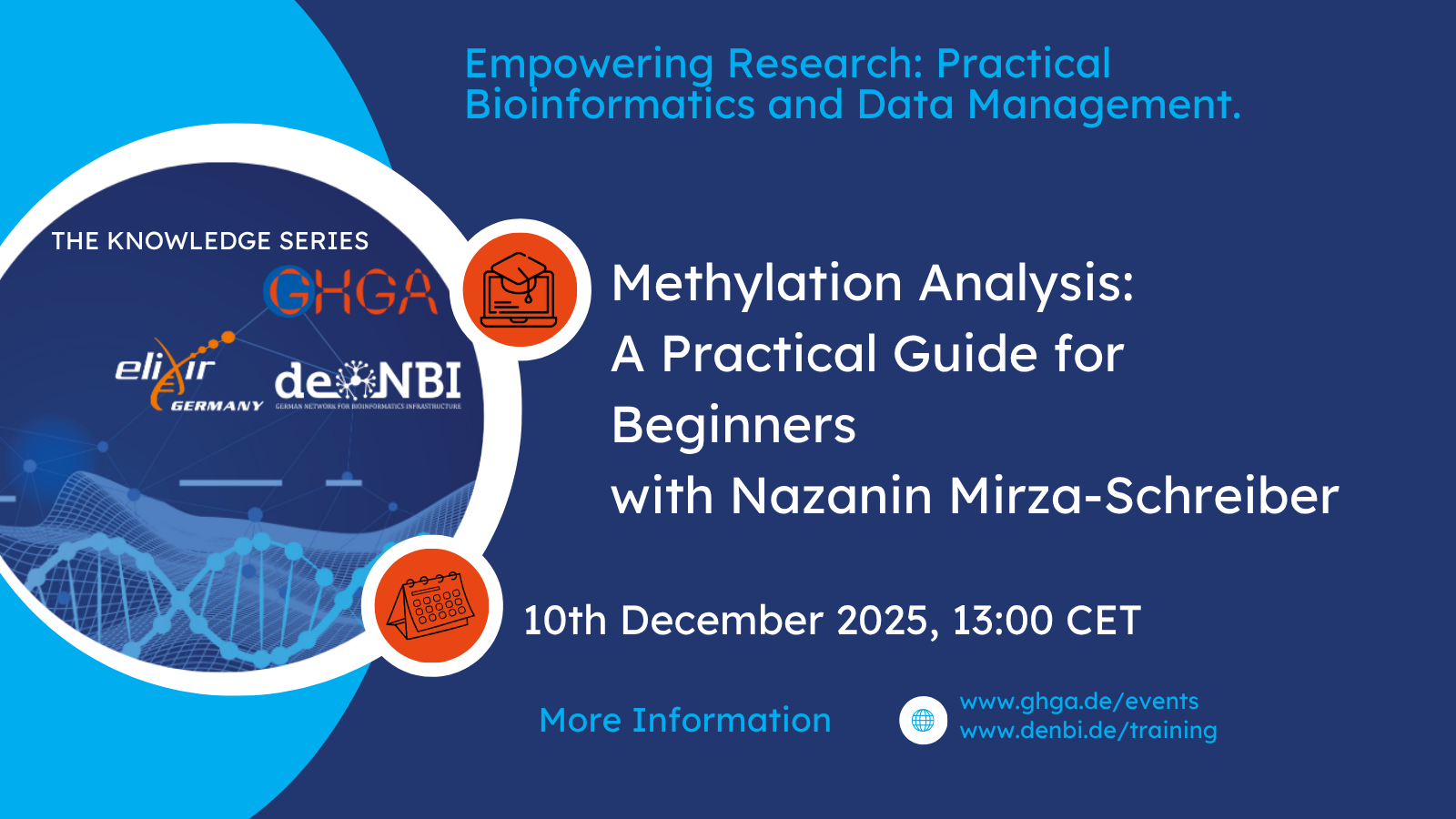Digital announcement for the webinar series “The Knowledge Series – Empowering Research: Practical Bioinformatics and Data Management.” Date: December 10, 2025, 13:00 CET. Title of the webinar: “Methylation Analysis: A Practical Guide for Beginners” with Nazanin Mirza-Schreiber. More information on GHGA and de.NBI websites.