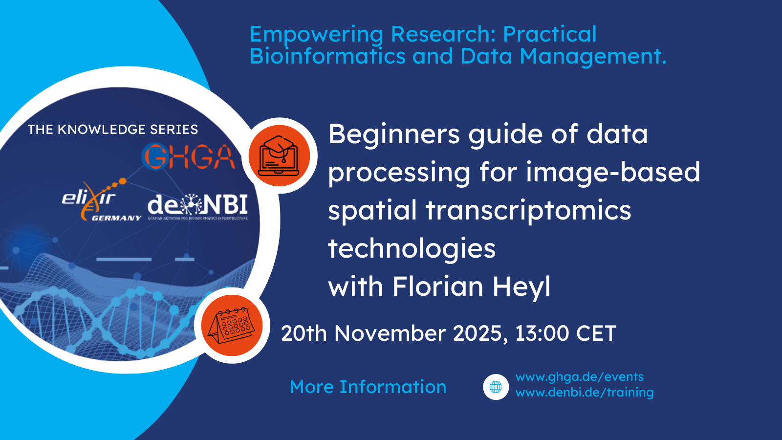 Digital announcement for the webinar series “The Knowledge Series – Empowering Research: Practical Bioinformatics and Data Management.” Date: November 20, 2025, 13:00 CET. Title of the webinar: “Beginners guide of data processing for image-based spatial transcriptomics technologies” with Florian Heyl. More information on GHGA and de.NBI websites. 