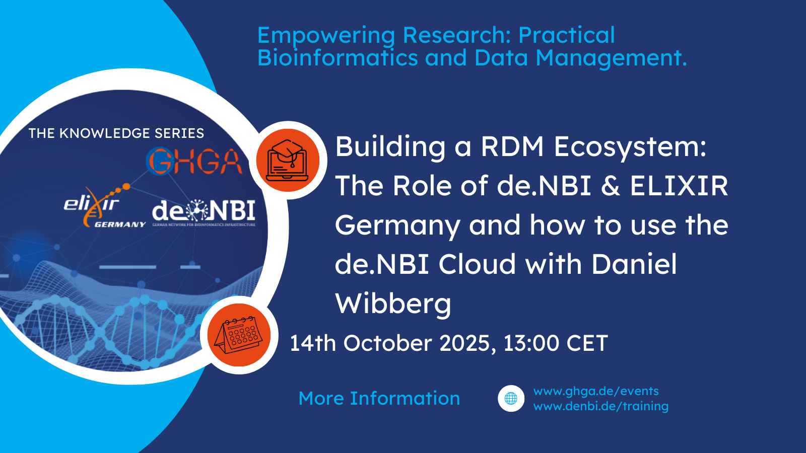 Digitales Plakat zur Webinar-Reihe „The Knowledge Series“. Das Webinar am 14. Oktober 2025 um 13:00 Uhr MEZ trägt den Titel „Building a RDM Ecosystem: The Role of de.NBI & ELIXIR Germany and how to use the de.NBI Cloud“ mit Daniel Wibberg. Die Veranstaltung beleuchtet die Rolle von de.NBI und ELIXIR Deutschland beim Forschungsdatenmanagement (FDM) und führt in die Nutzung der de.NBI Cloud ein. Weitere Informationen sind auf den Webseiten von GHGA und de.NBI verfügbar.