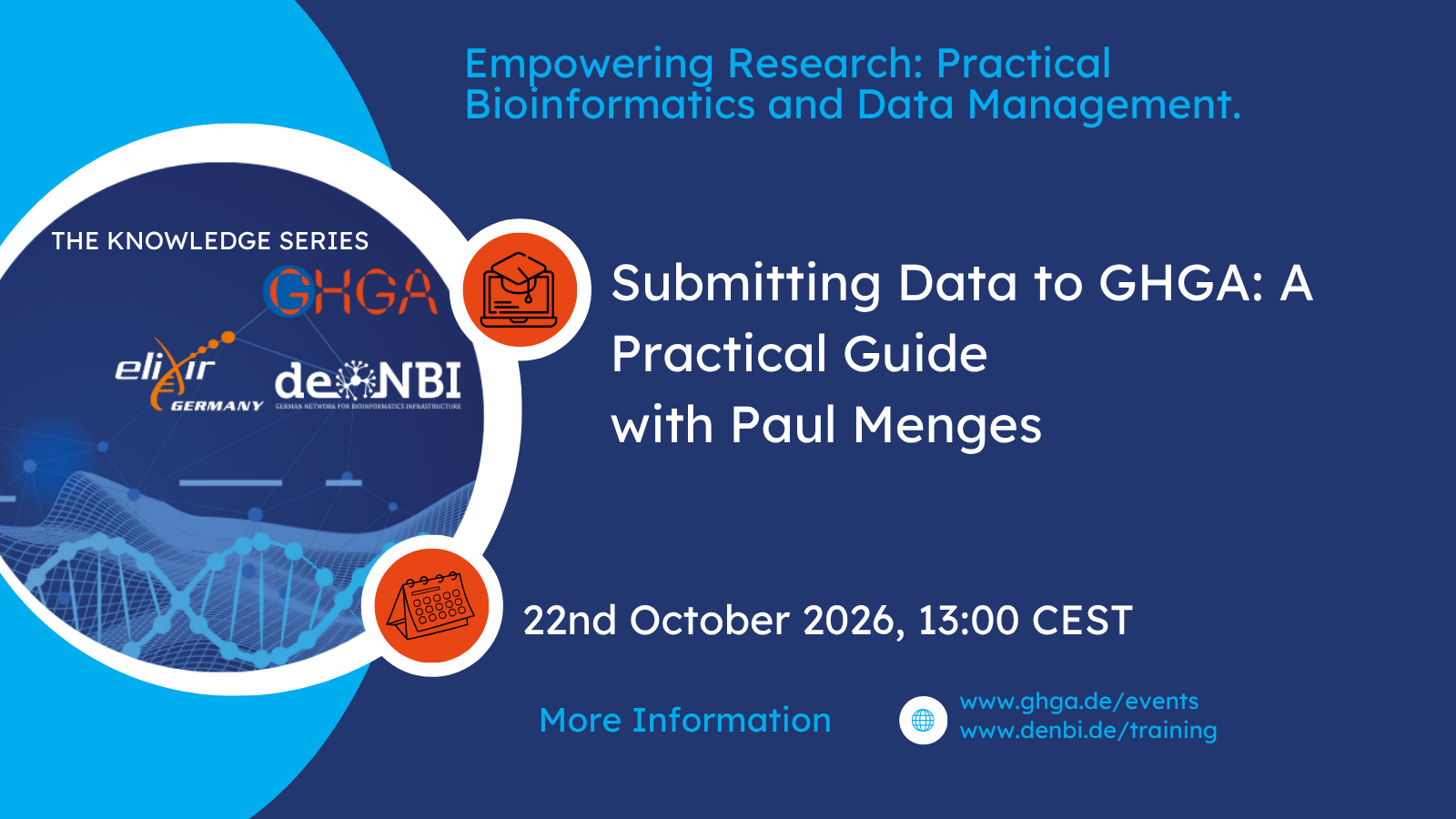 Event poster for 'Submitting Data to GHGA: A Practical Guide' with Paul Menges. Scheduled for 22nd October 2026 at 13:00 CEST. Organized by GHGA, ELIXIR Germany, and de.NBI.