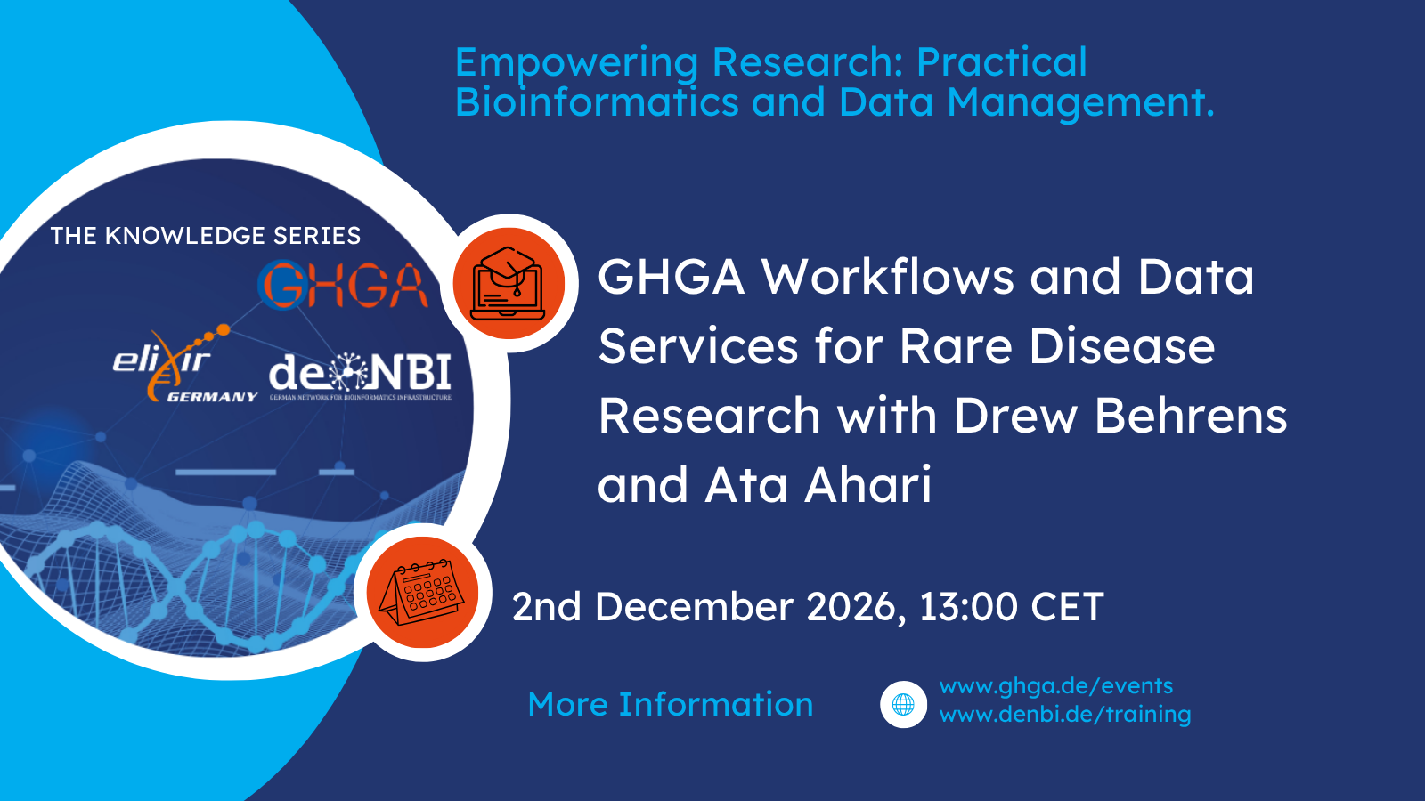 Event poster for 'GHGA Workflows and Data Services for Rare Disease Research' with Drew Behrens and Ata Ahari. Scheduled for 2nd December 2026 at 13:00 CET. Organized by GHGA, ELIXIR Germany, and de.NBI.