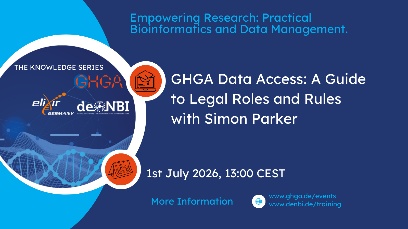 Webinar “GHGA Data Access: A Guide to Legal Roles and Rules“ mit Simon Parker. Geplant für den 1. Juli 2026 um 13:00 Uhr MESZ. Organisiert von GHGA, ELIXIR Germany und de.NBI.