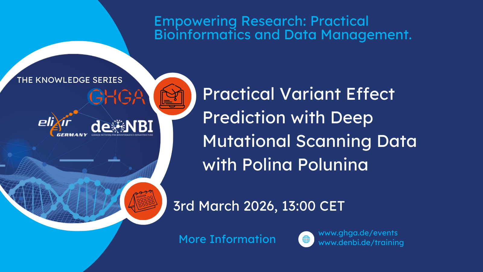 Event poster for 'Practical Variant Effect Prediction with Deep Mutational Scanning Data' with Polina Polunina. Scheduled for 3rd March 2026 at 13:00 CET. Organized by GHGA, ELIXIR Germany, and de.NBI.