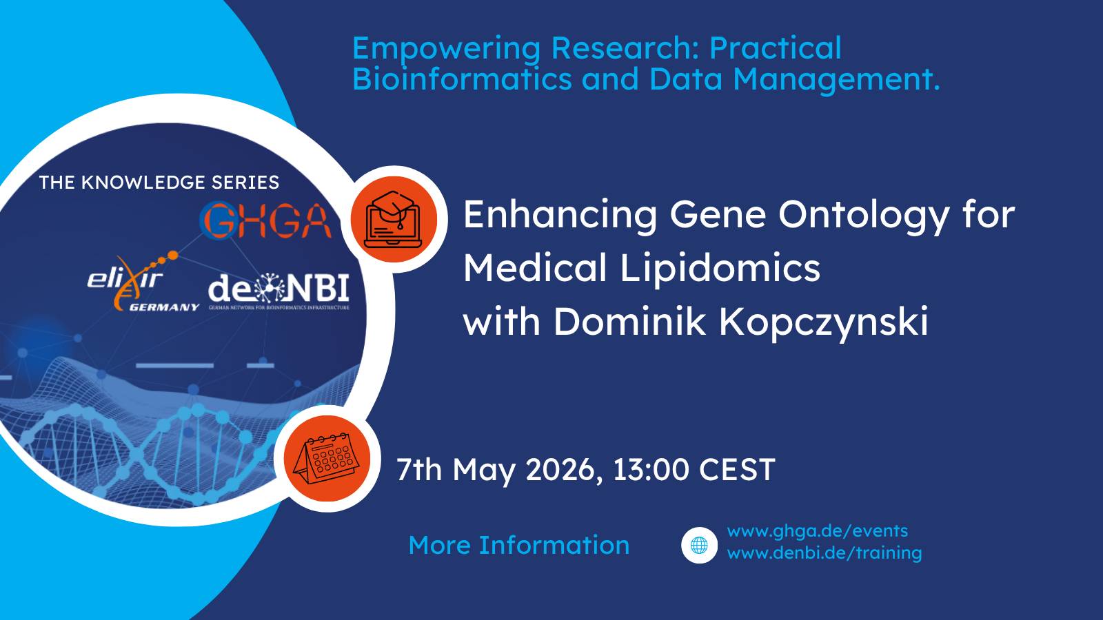 Veranstaltungsplakat für das Webinar ‚Enhancing Gene Ontology for Medical Lipidomics‘ mit Dominik Kopczynski. Termin: 7. Mai 2026 um 13:00 Uhr MESZ. Organisiert von GHGA, ELIXIR Germany und de.NBI.