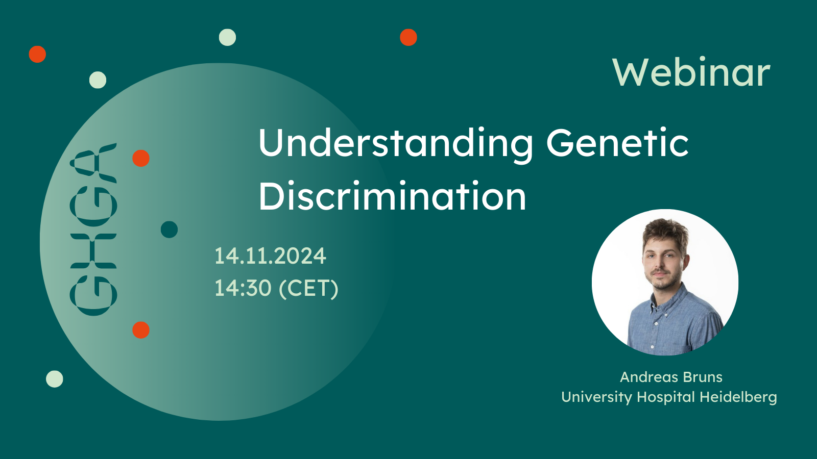 Promotional graphic announcing the GHGA webinar “Understanding Genetic Discrimination”. Details in the text below.
